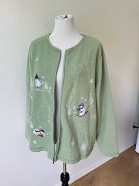 Croft & Barrow Green Fleece Jacket with Snowman Embroidery